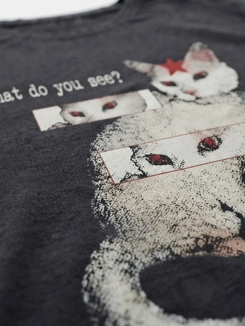 Gildan Black Tee with White Cat Graphic and Red Star